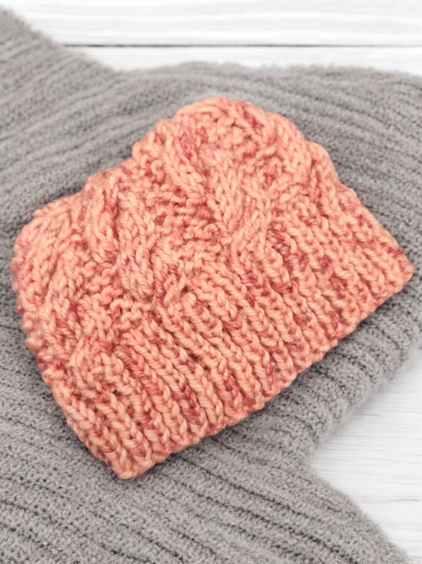 Baby's Hand Knitted Onesie and Hat - Cable & Moss Stitch, Salmon Pink