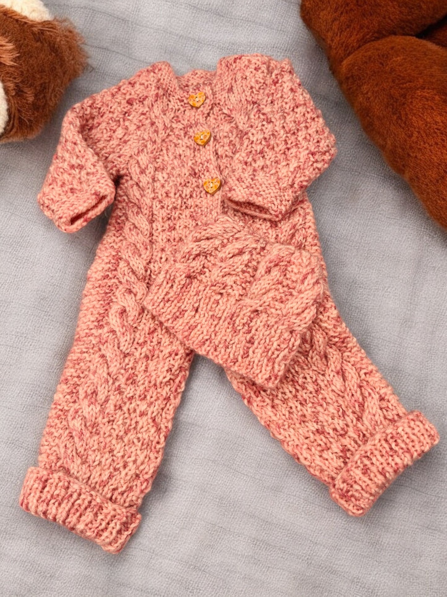 Baby's Hand Knitted Onesie and Hat - Cable & Moss Stitch, Salmon Pink