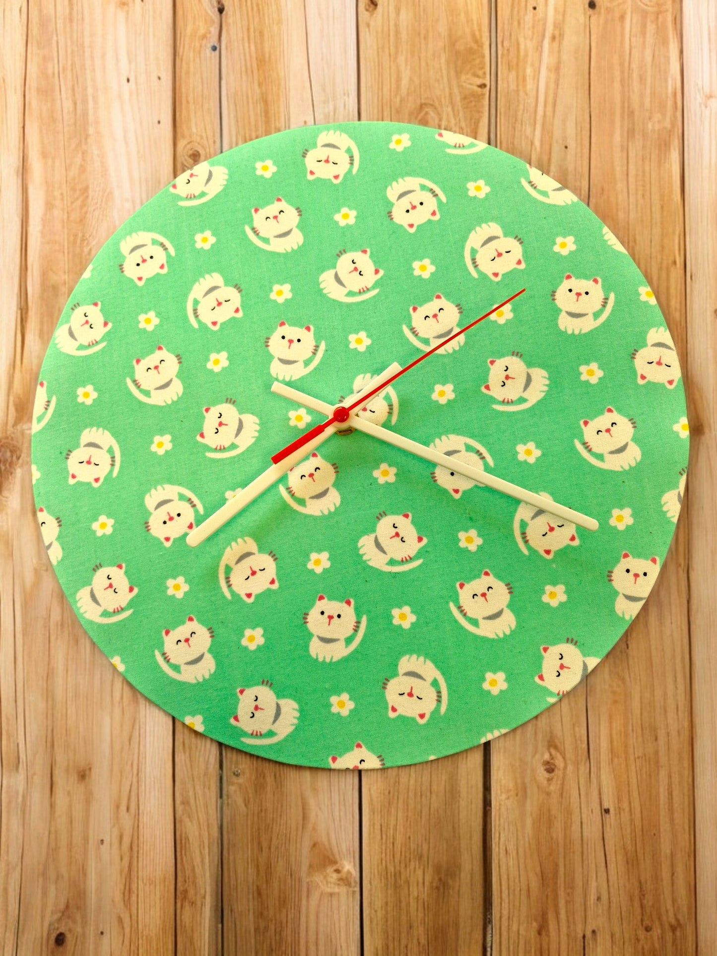 Green Cartoon Cat Clock Handmade 30cms 12" Diameter