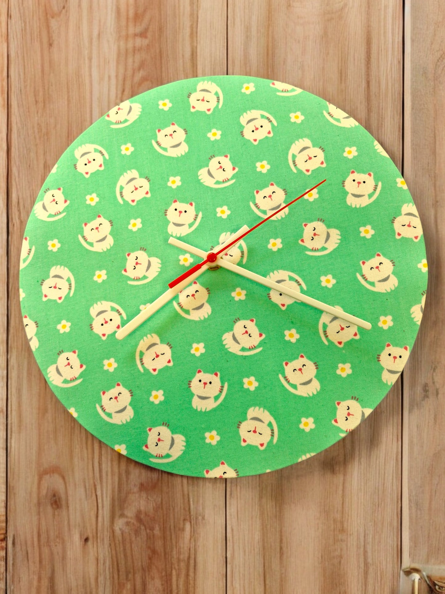 Green Cartoon Cat Clock Handmade 30cms 12" Diameter