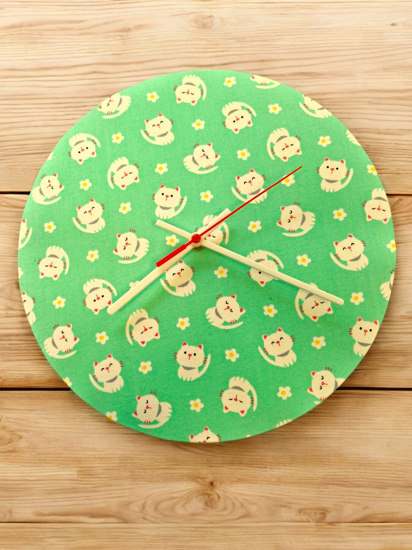 Green Cartoon Cat Clock Handmade 30cms 12" Diameter