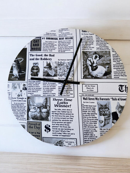 Cat Newspaper Clock Handmade 30cms 12" Diameter