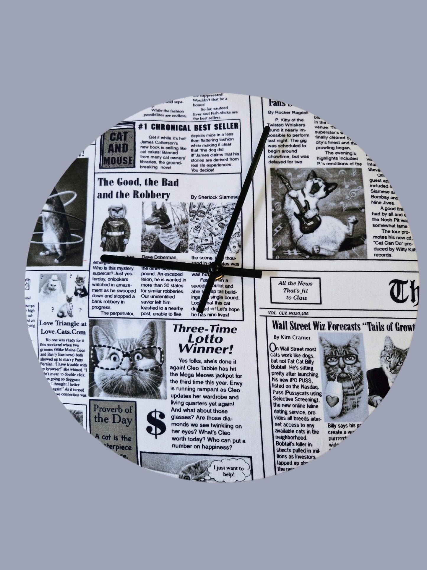 Cat Newspaper Clock Handmade 30cms 12" Diameter