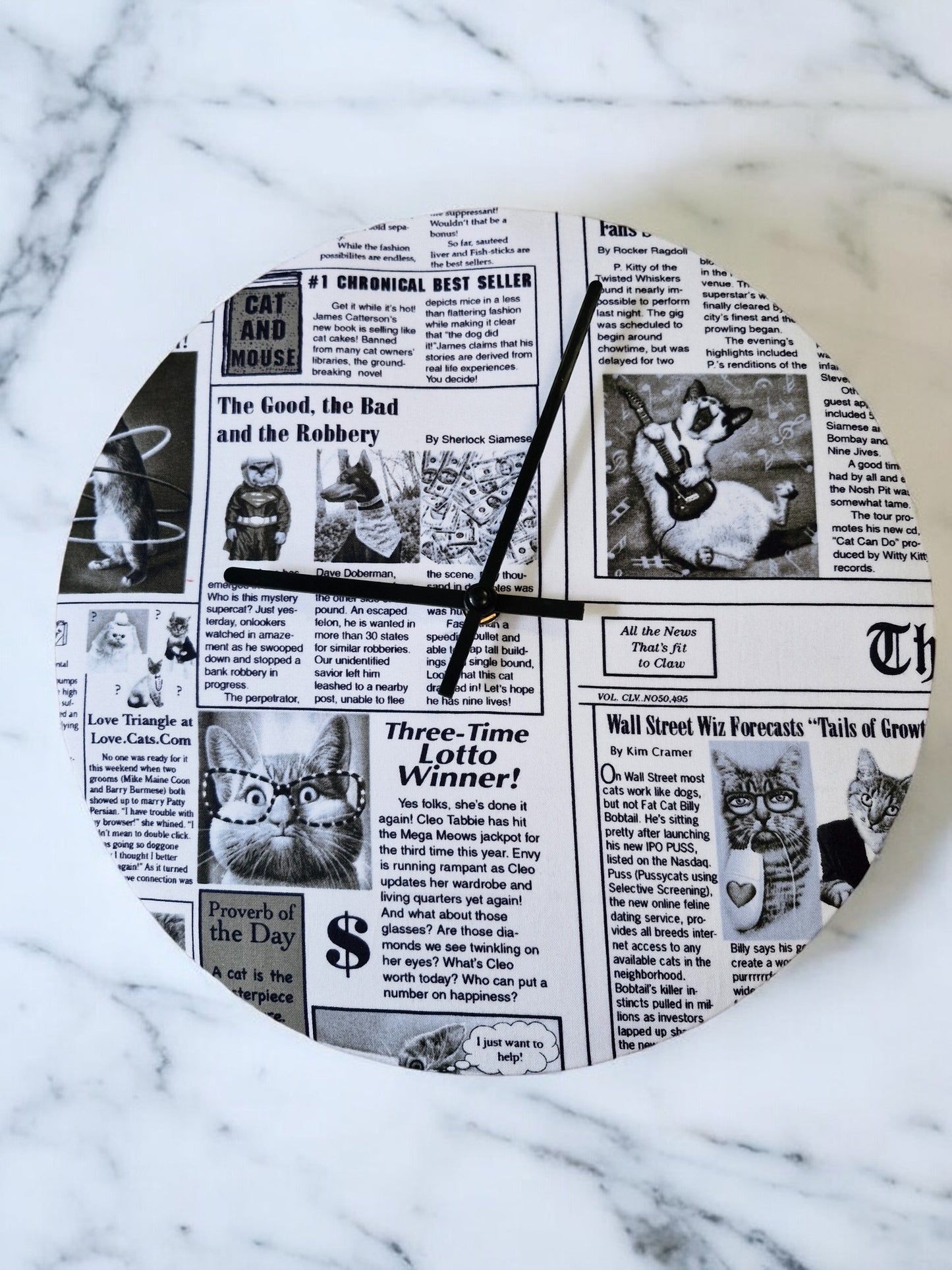 Cat Newspaper Clock Handmade 30cms 12" Diameter