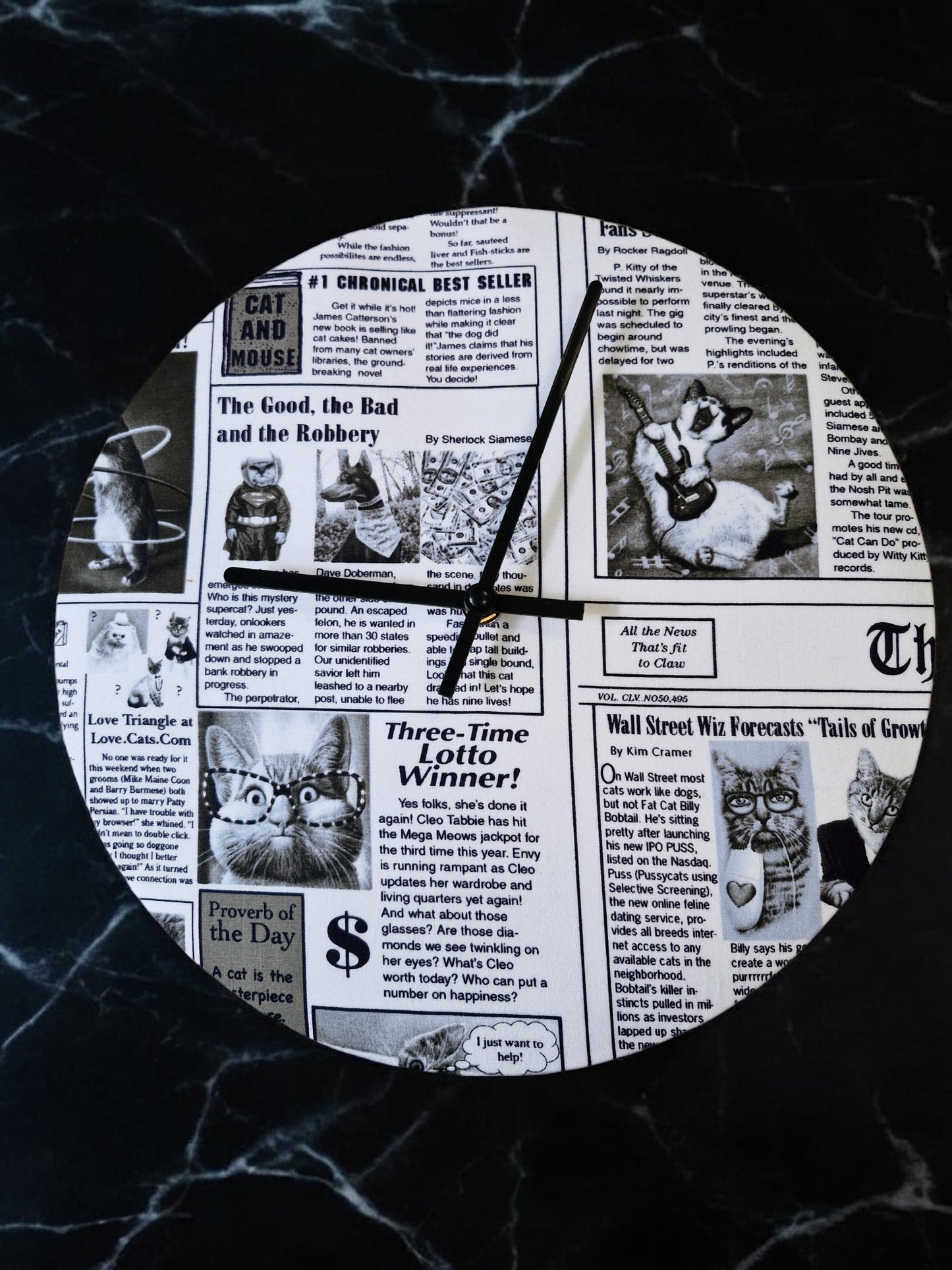 Cat Newspaper Clock Handmade 30cms 12" Diameter