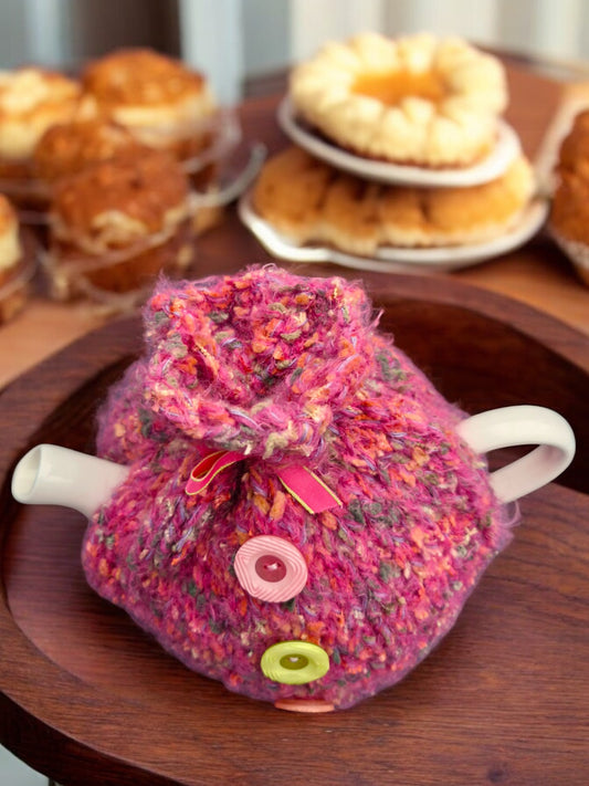 Handmade Knitted Chunky Multi Colour Tea Cosy Deep Pink