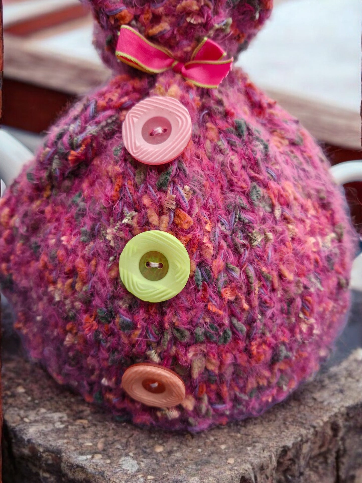 Handmade Knitted Chunky Multi Colour Tea Cosy Deep Pink