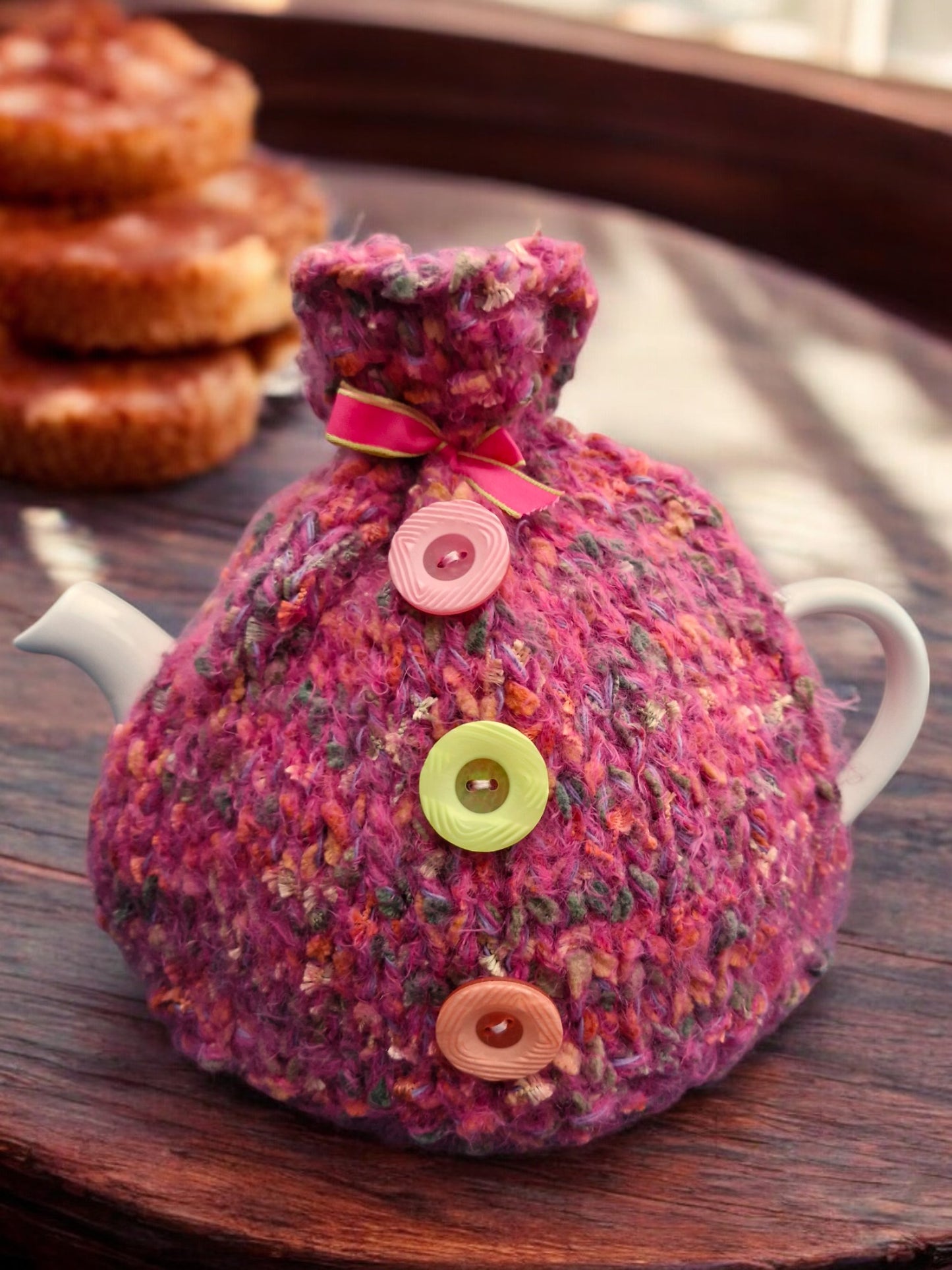 Handmade Knitted Chunky Multi Colour Tea Cosy Deep Pink