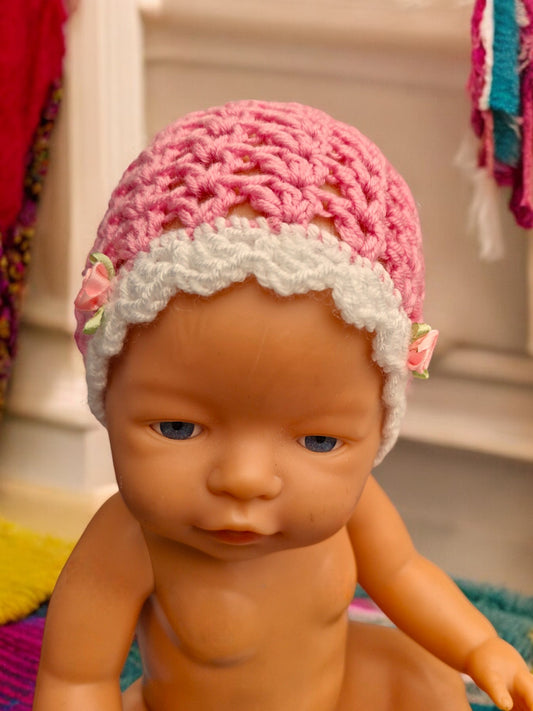 New Baby's Handmade Crochet Lace Hat - Deep Pink Acrylic