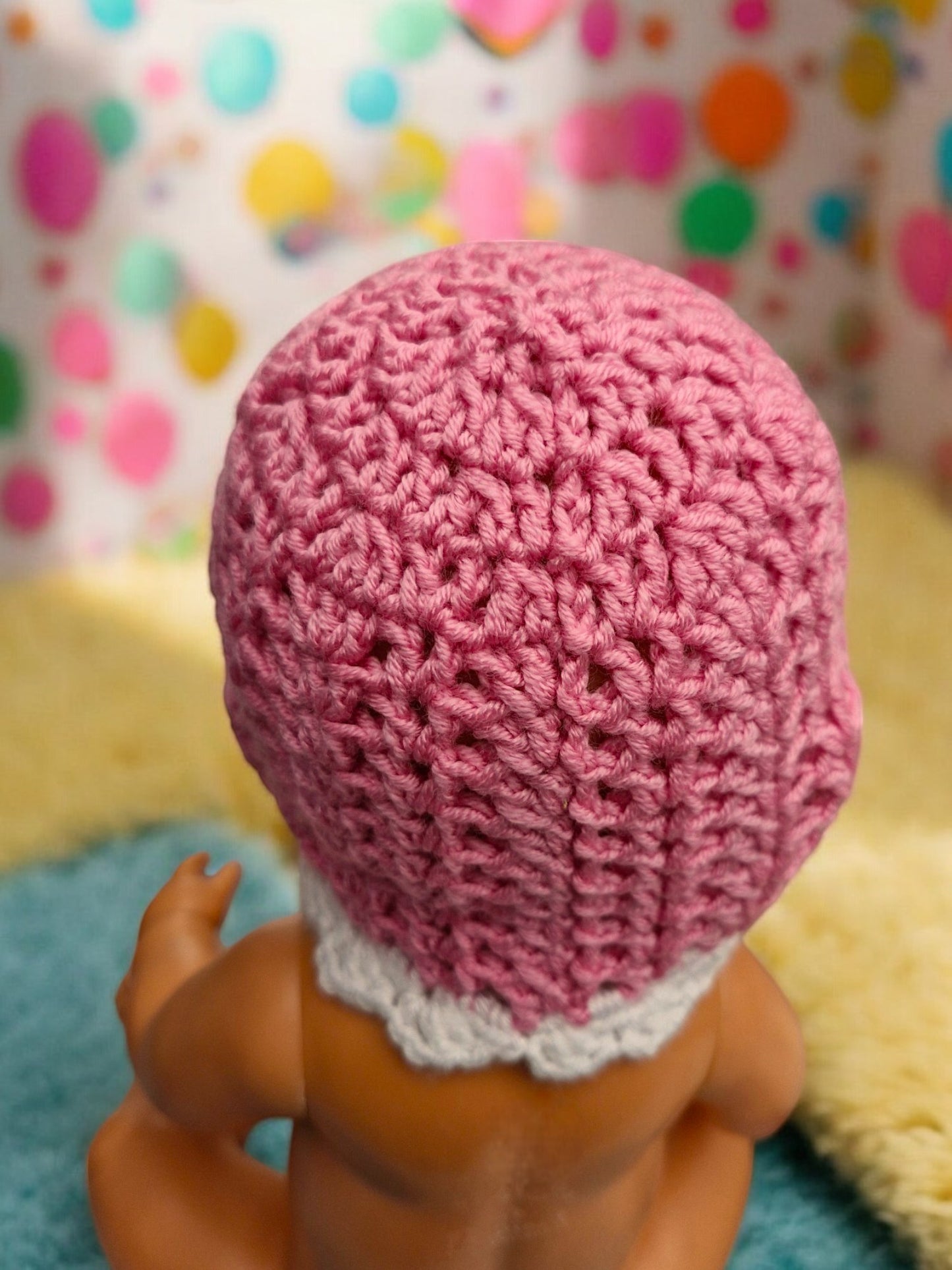 New Baby's Handmade Crochet Lace Hat - Deep Pink Acrylic