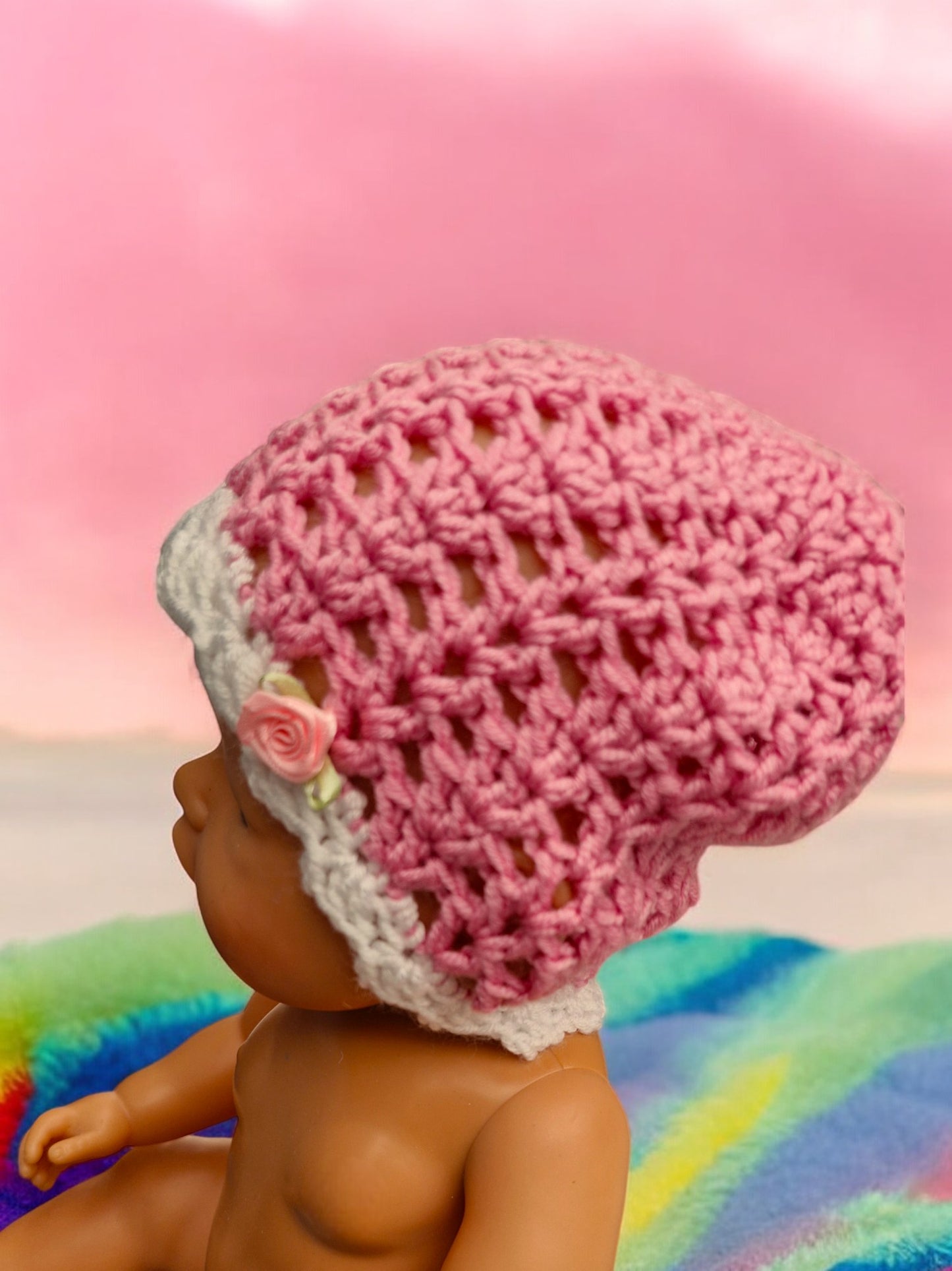 New Baby's Handmade Crochet Lace Hat - Deep Pink Acrylic