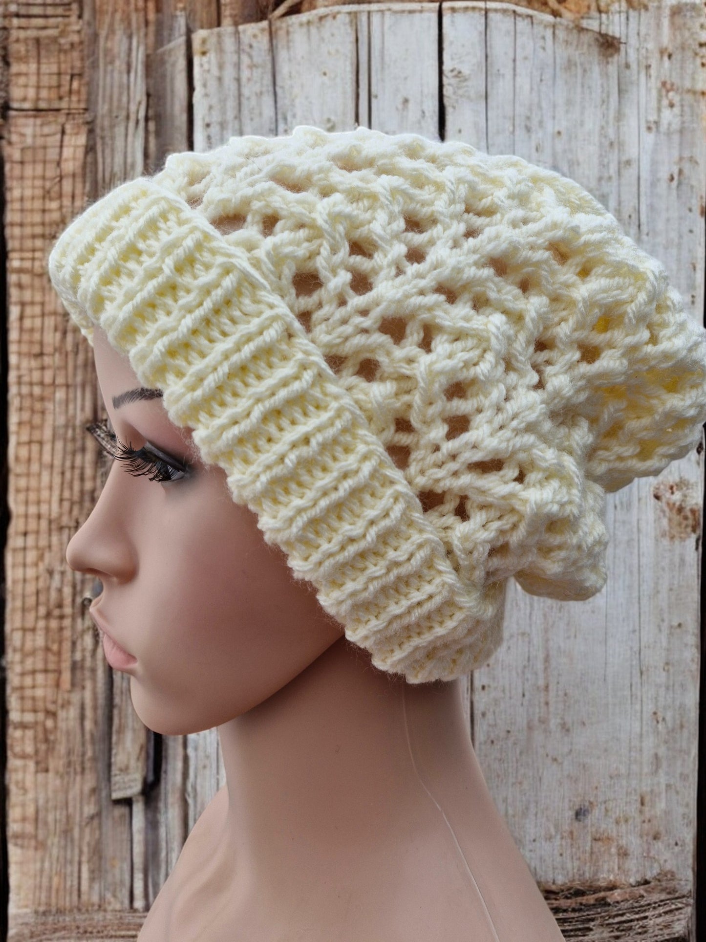 Adult's Handmade Knitted Chunky Lacy Hat - Cream