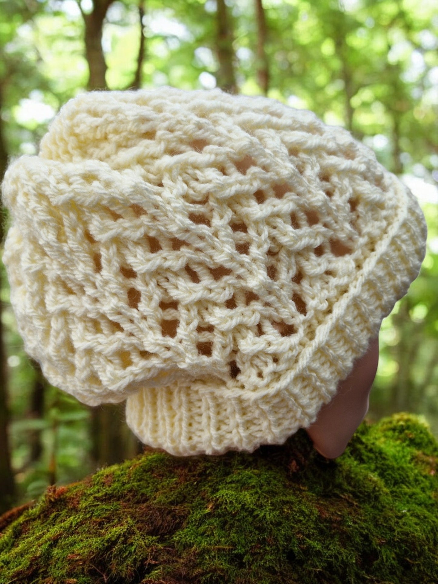 Adult's Handmade Knitted Chunky Lacy Hat - Cream