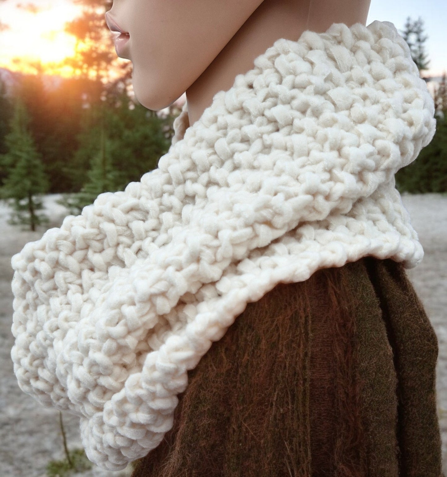 Adult's Handmade Knitted Cream Moss Stitch Cowl in Chunky