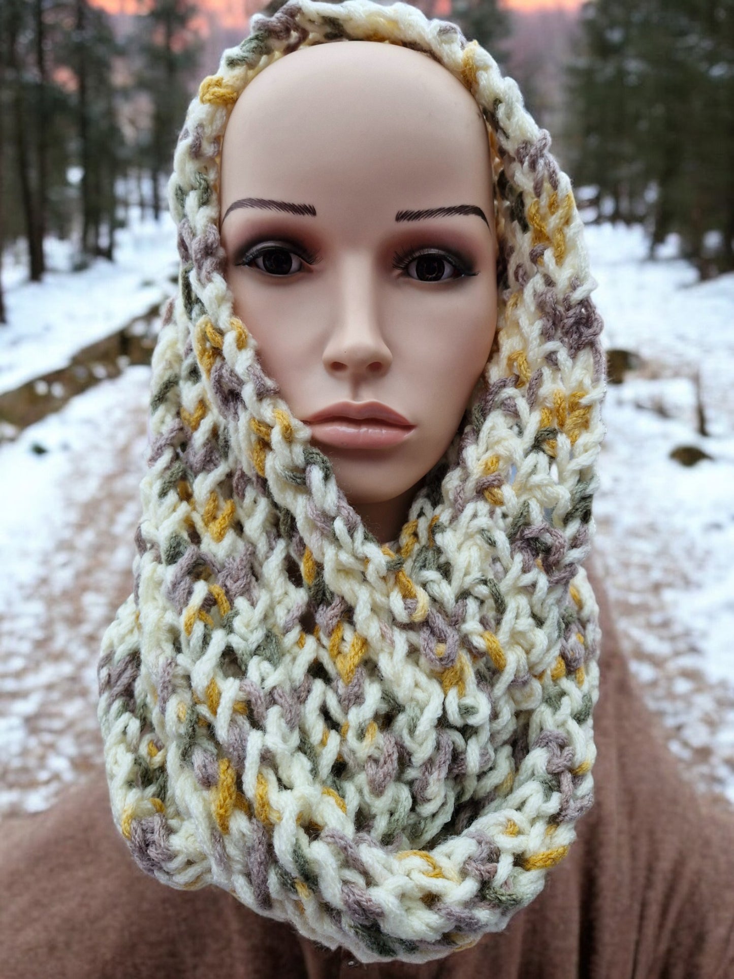 Women's Handmade Knitted Super Chunky Cream Lacy Double Loop Cowl or Snood