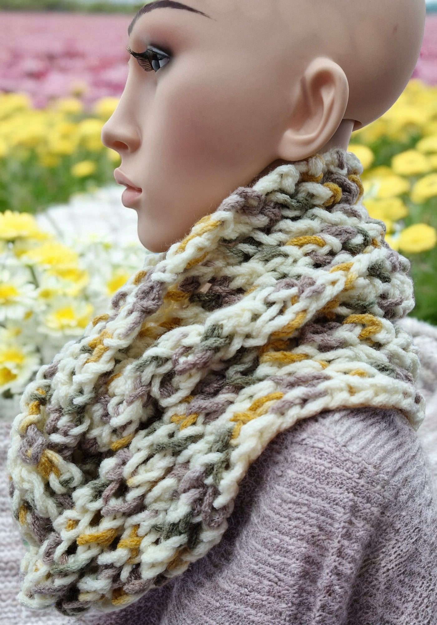 Women's Handmade Knitted Super Chunky Cream Lacy Double Loop Cowl or Snood