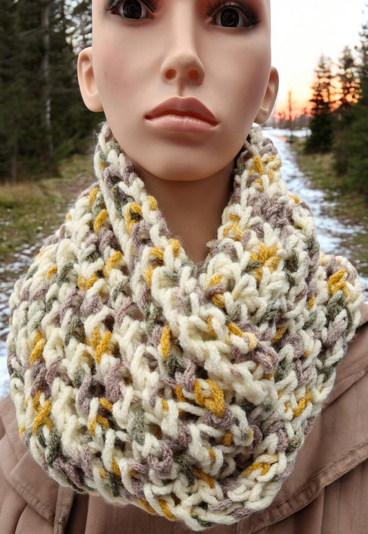 Women's Handmade Knitted Super Chunky Cream Lacy Double Loop Cowl or Snood