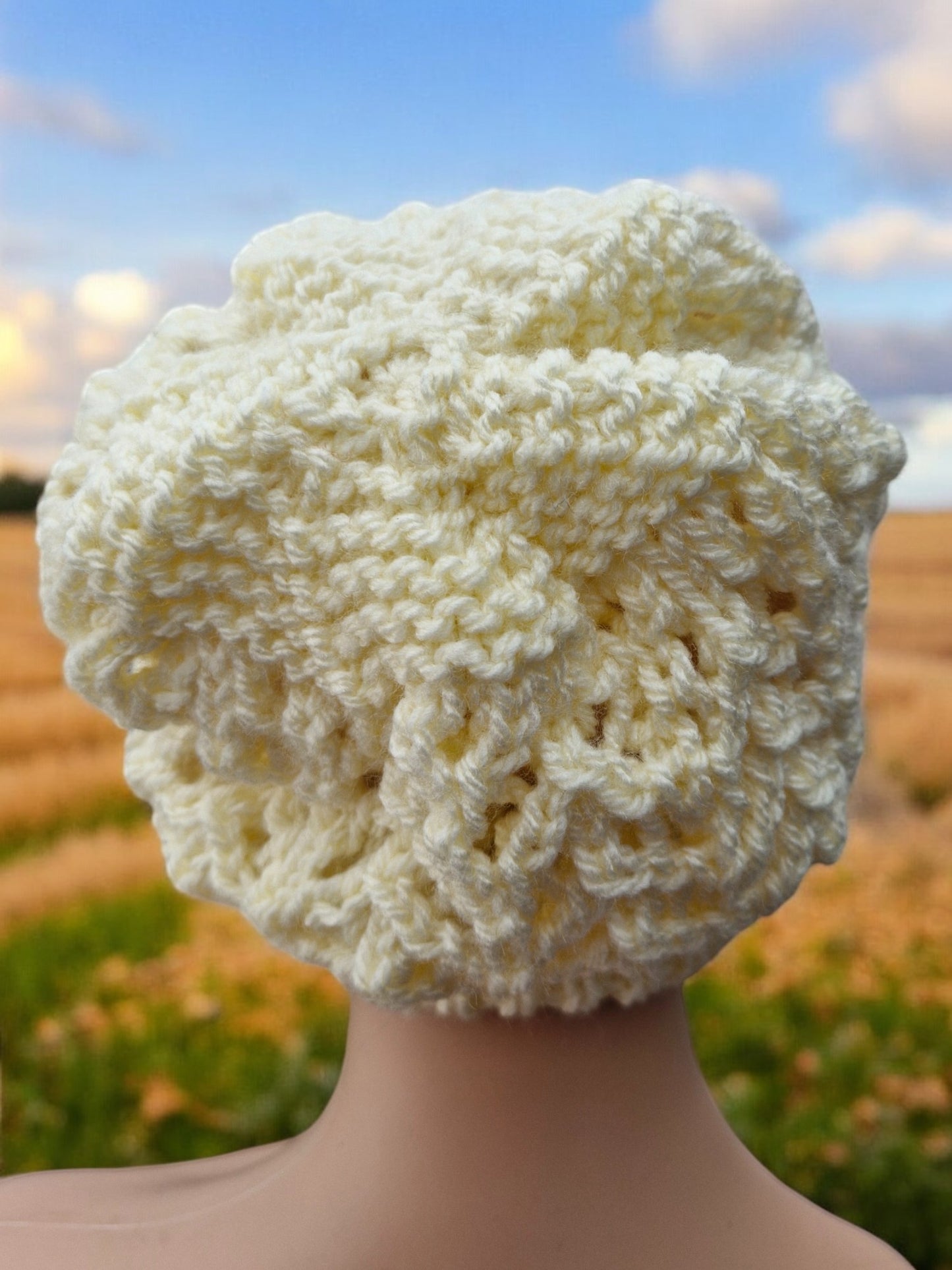 Adult's Handmade Knitted Chunky Lacy Hat - Cream