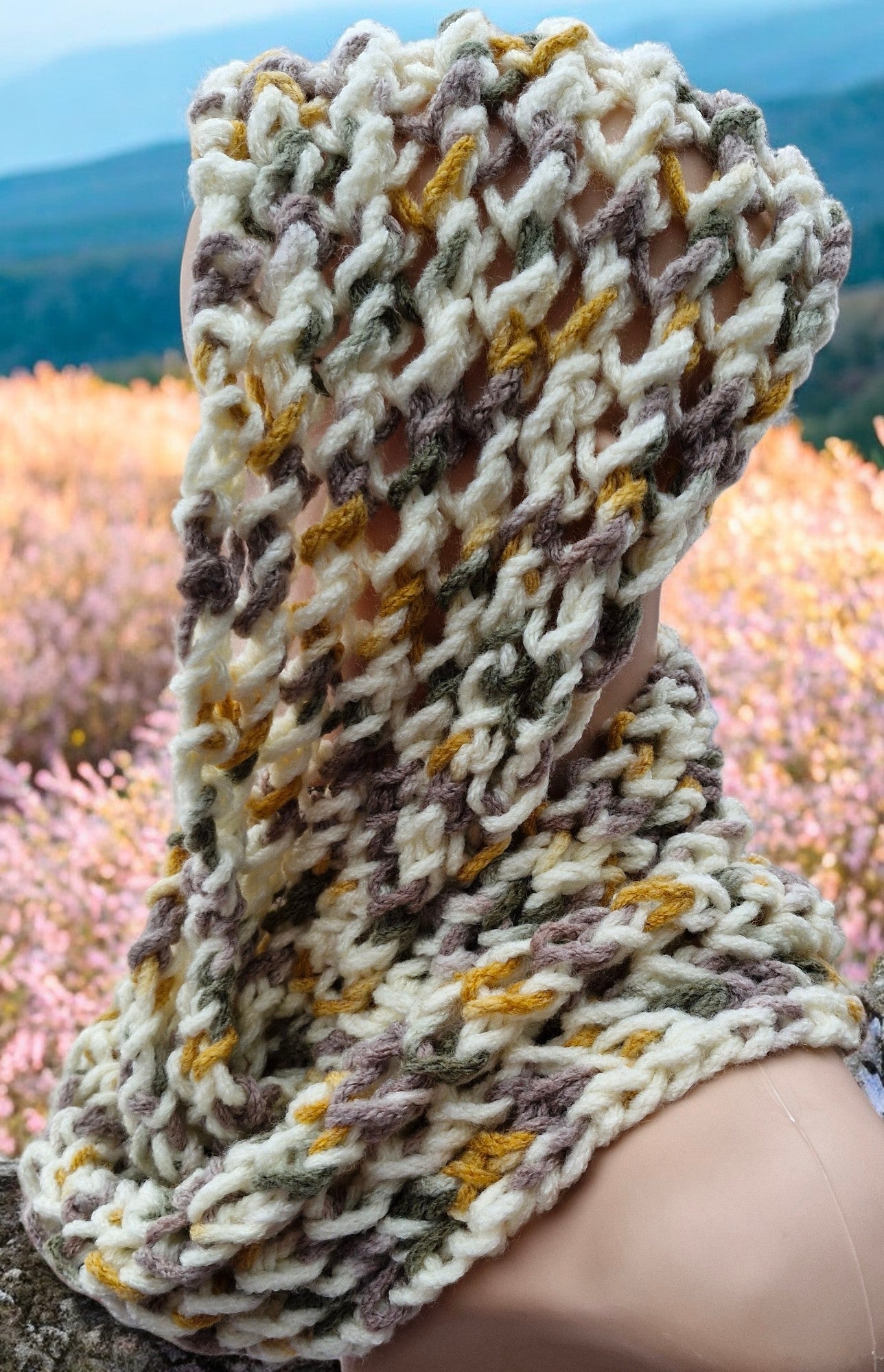 Women's Handmade Knitted Super Chunky Cream Lacy Double Loop Cowl or Snood