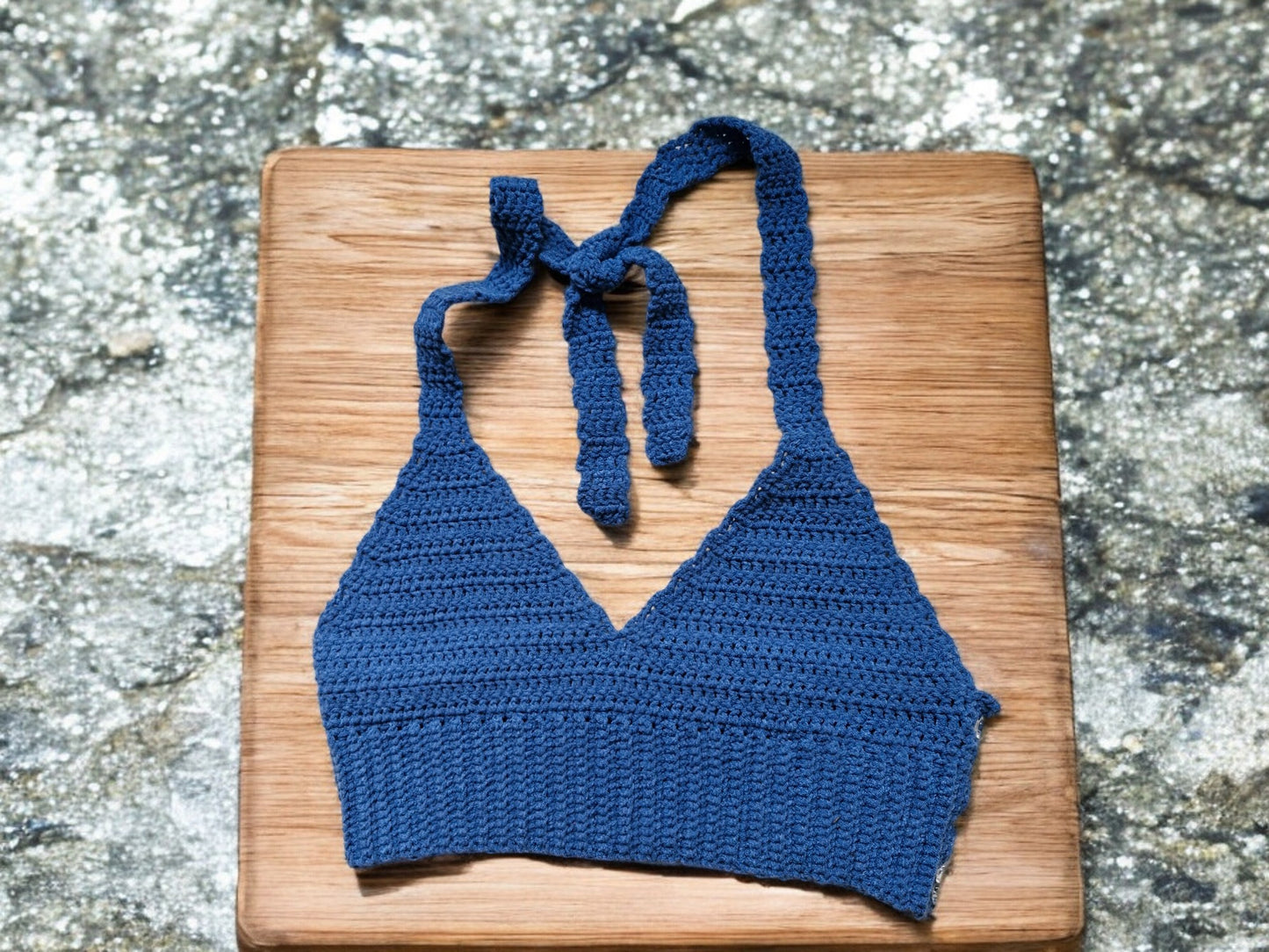 Women's Handmade Crochet Bralette Cropped Top in Denim Blue