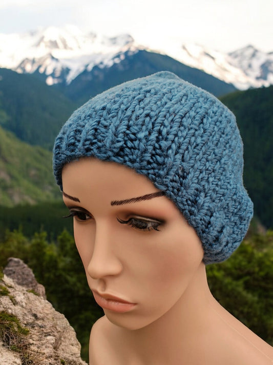 Lady's Handmade Knitted Chunky Thick Hat in Boucle Denim Blue