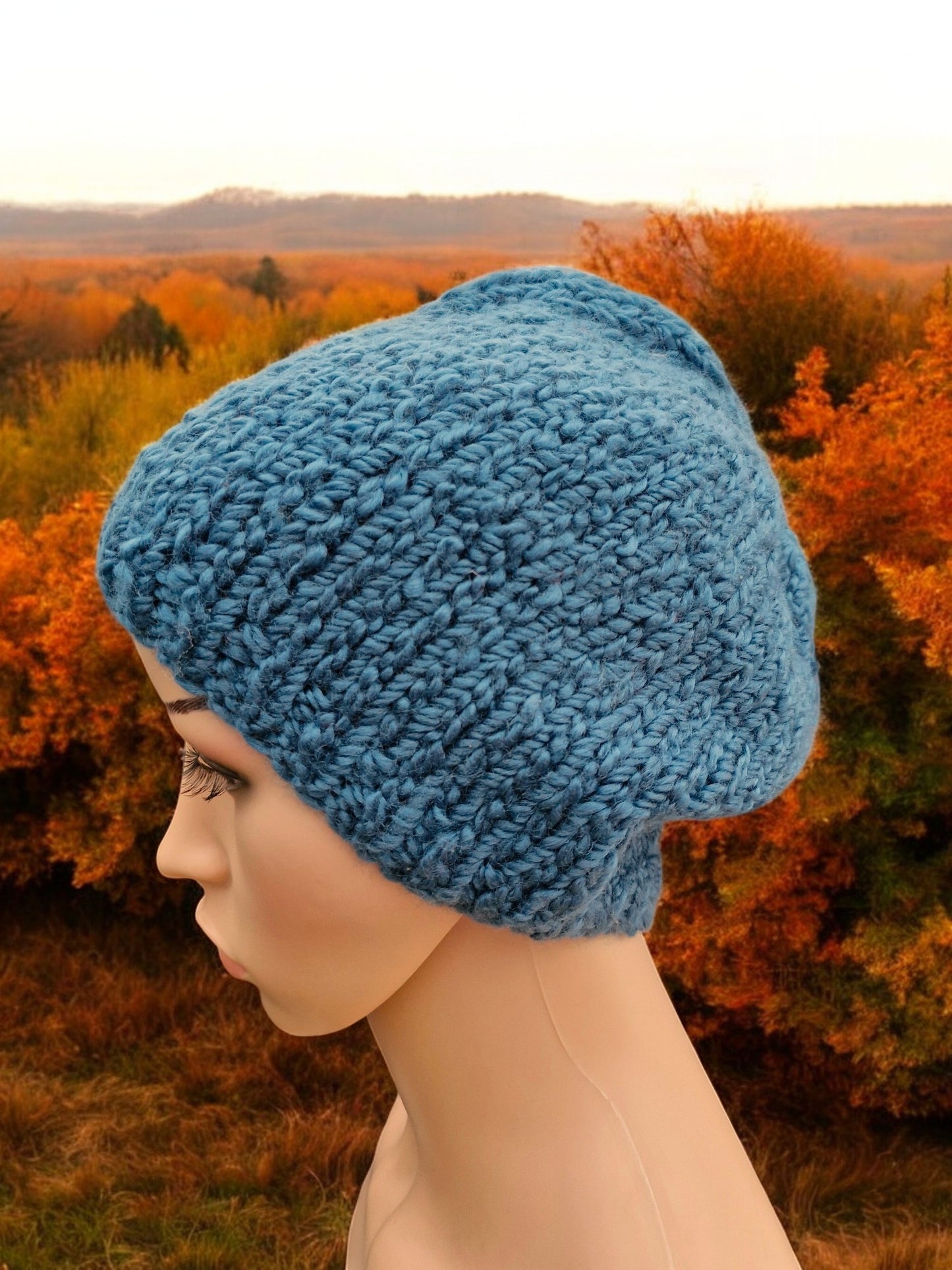 Lady's Handmade Knitted Chunky Thick Hat in Boucle Denim Blue