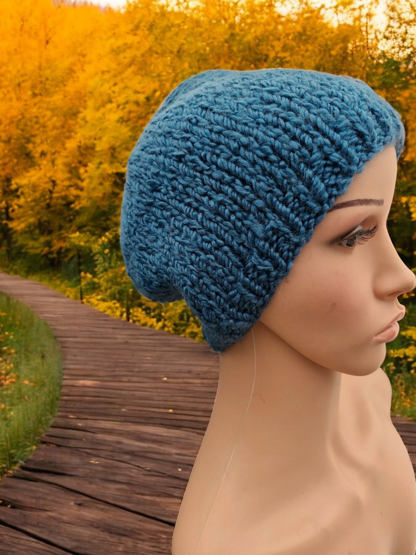 Lady's Handmade Knitted Chunky Thick Hat in Boucle Denim Blue