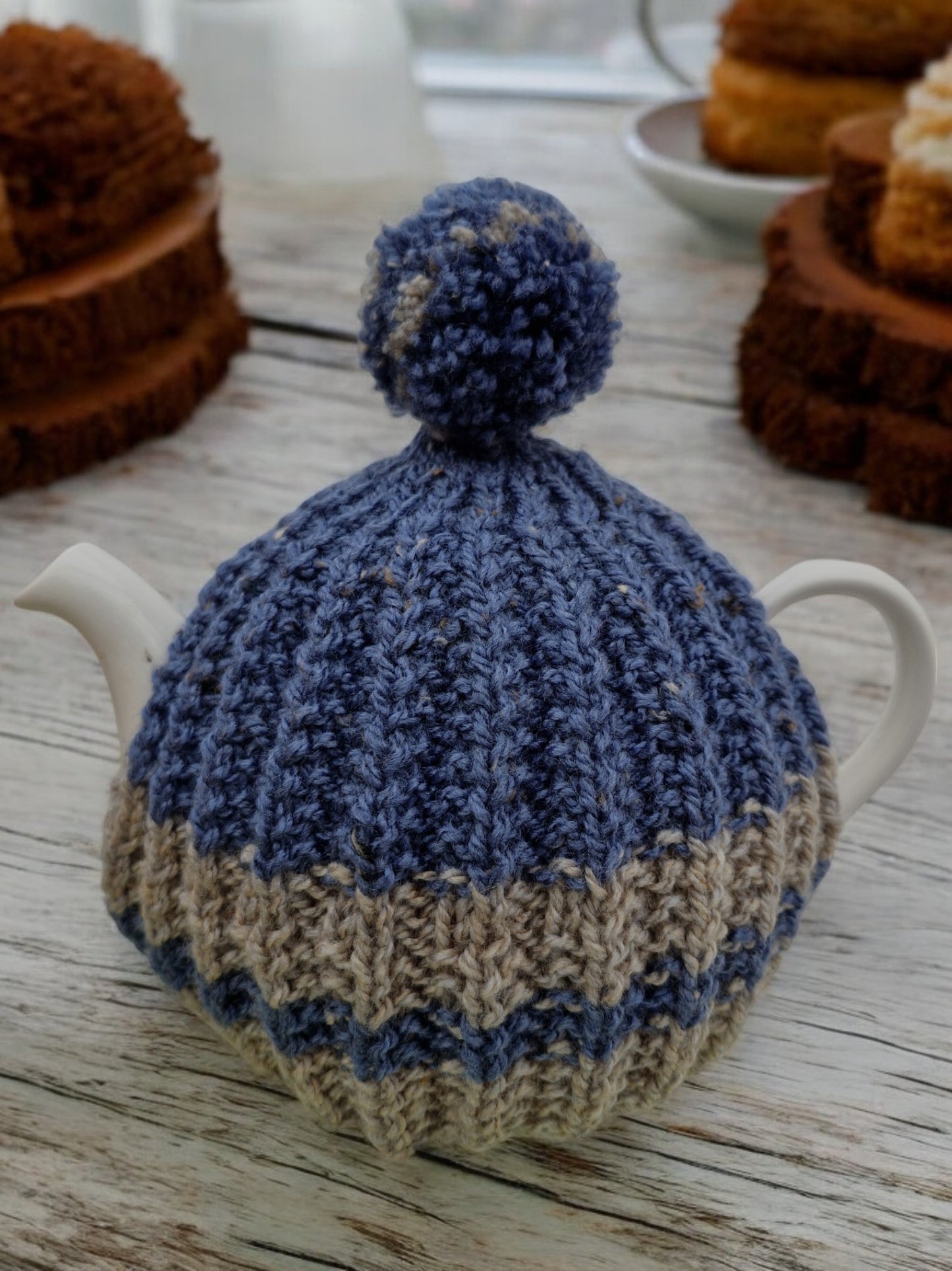 Handmade Knitted Striped Ribbed Tea Cosy with Bobble