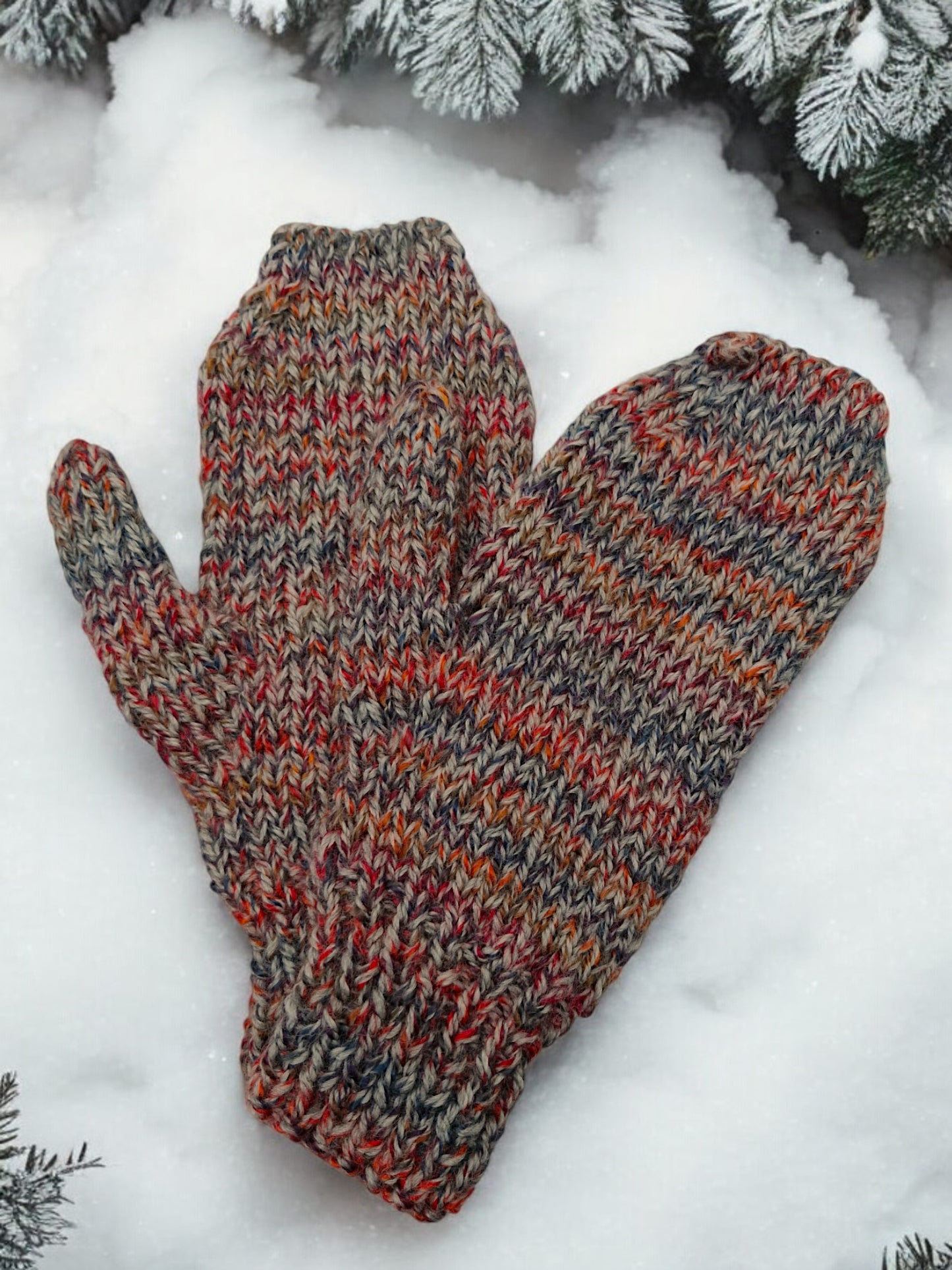 Adult's Mittens - Handmade Knitted Chunky Grey and Orange Tweed