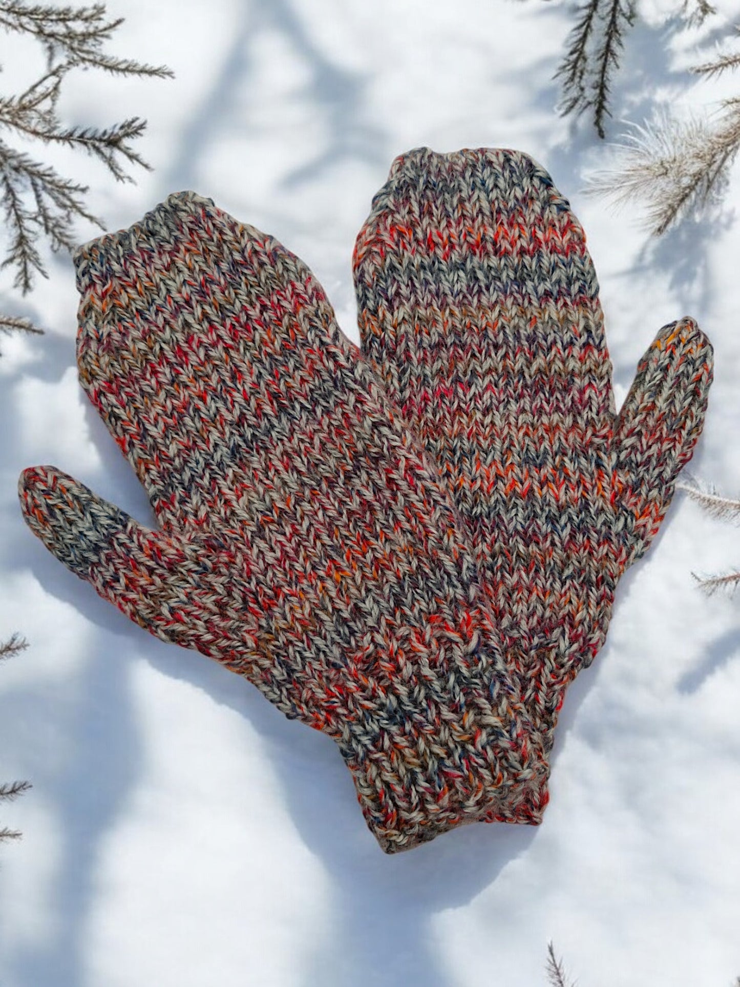 Adult's Mittens - Handmade Knitted Chunky Grey and Orange Tweed