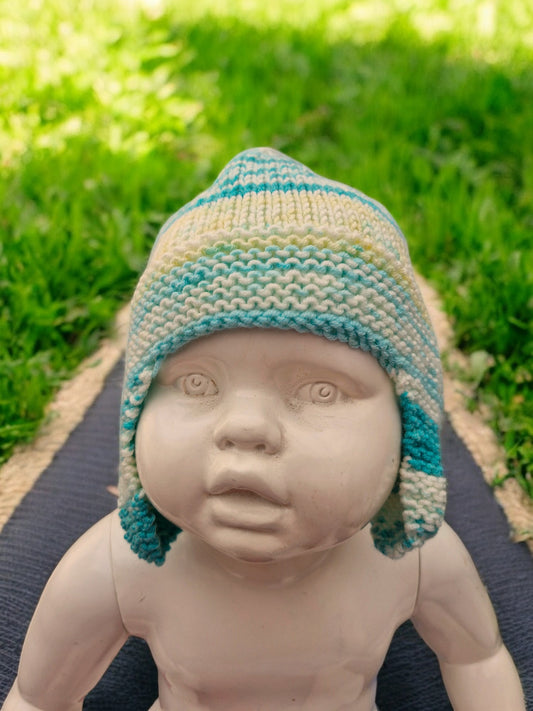 Baby's Handmade Knitted Ear Flap Helmet - Teal Green/Lemon/Cream