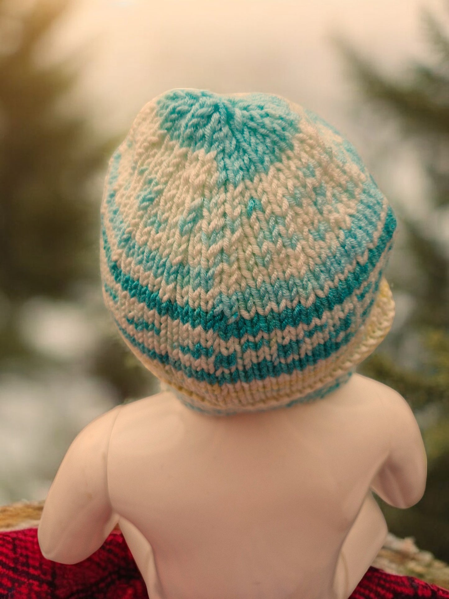 Baby's Handmade Knitted Ear Flap Helmet - Teal Green/Lemon/Cream