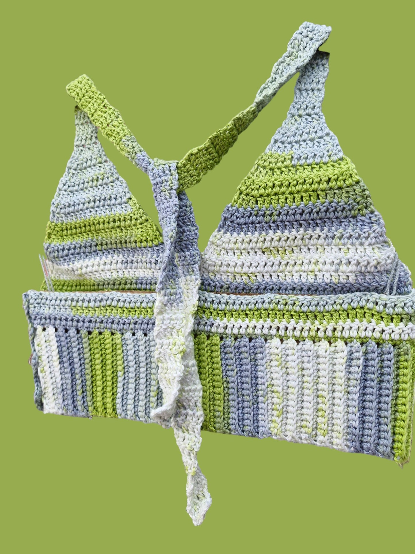 Women's Handmade Crochet Bralette Cropped Top in Lime, Grey and White