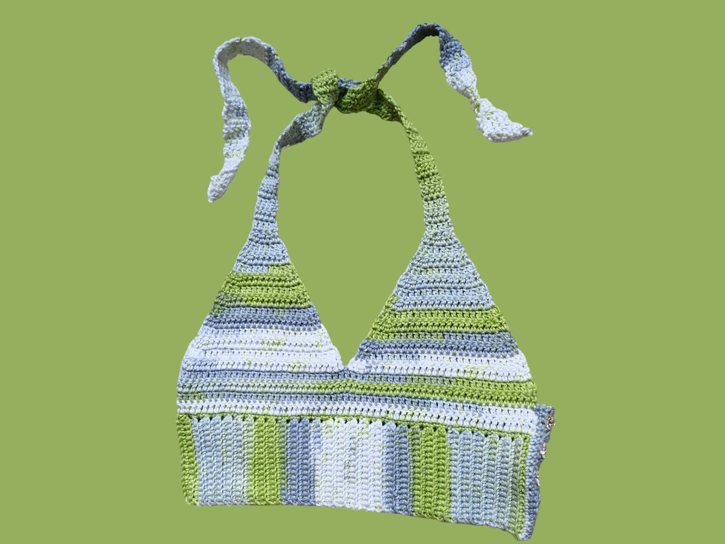 Women's Handmade Crochet Bralette Cropped Top in Lime, Grey and White