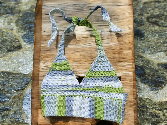 Women's Handmade Crochet Bralette Cropped Top in Lime, Grey and White