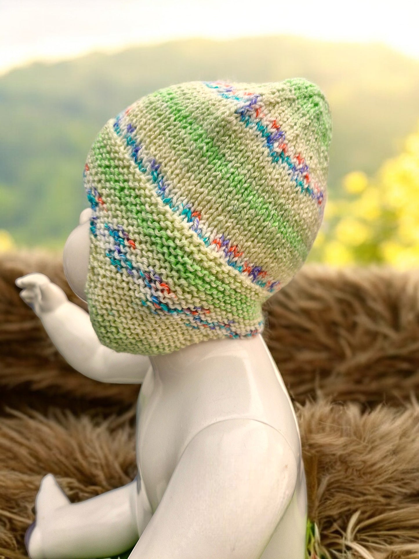 Baby's Handmade Knitted Ear Flap Helmet - Variegated Green