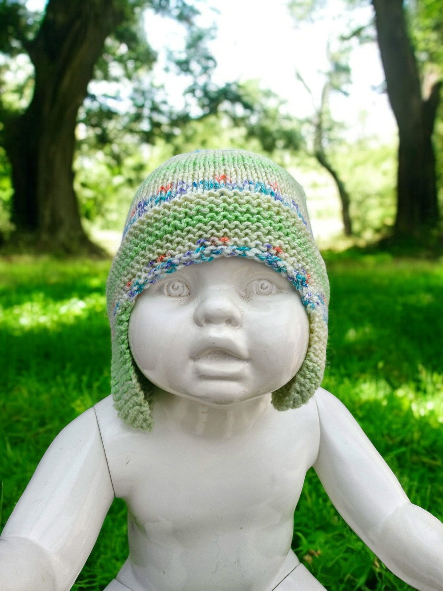 Baby's Handmade Knitted Ear Flap Helmet - Variegated Green