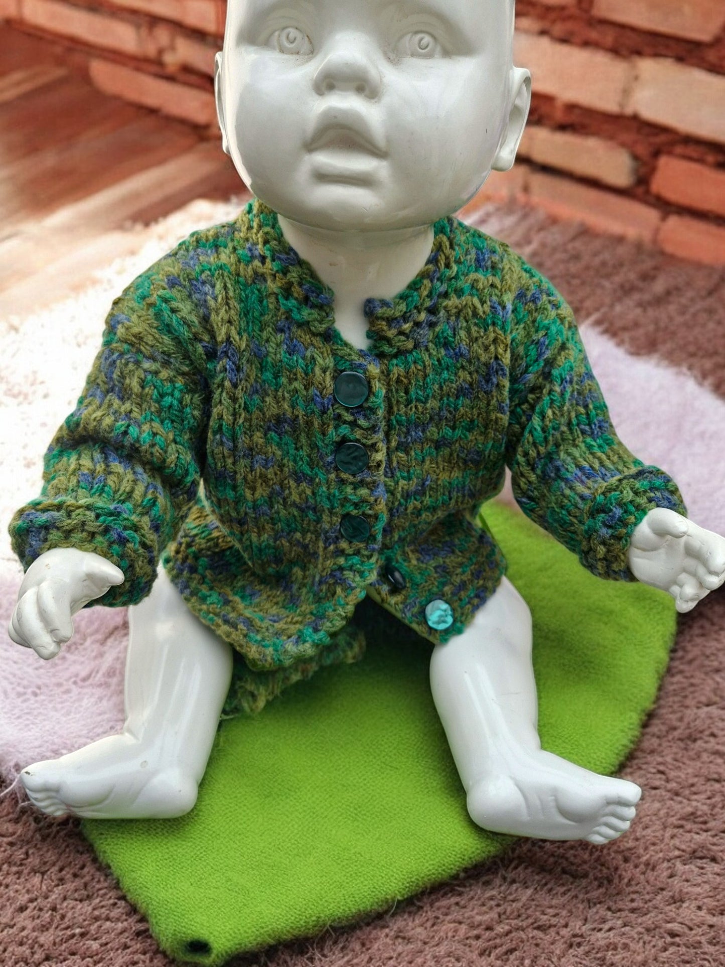 Baby's Hand Knitted Thick Warm Jacket in Tweed Green