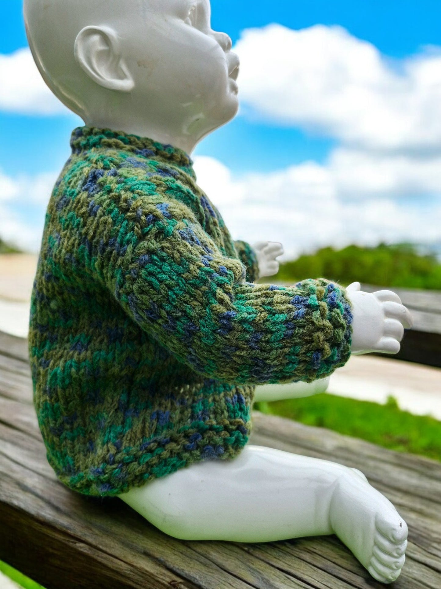 Baby's Hand Knitted Thick Warm Jacket in Tweed Green