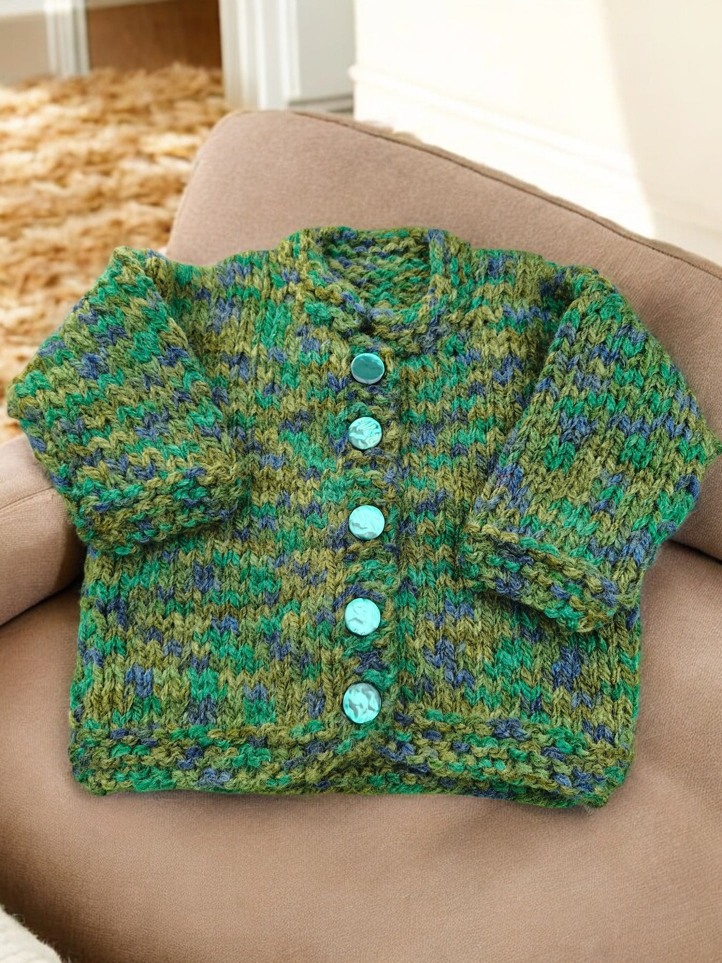 Baby's Hand Knitted Thick Warm Jacket in Tweed Green