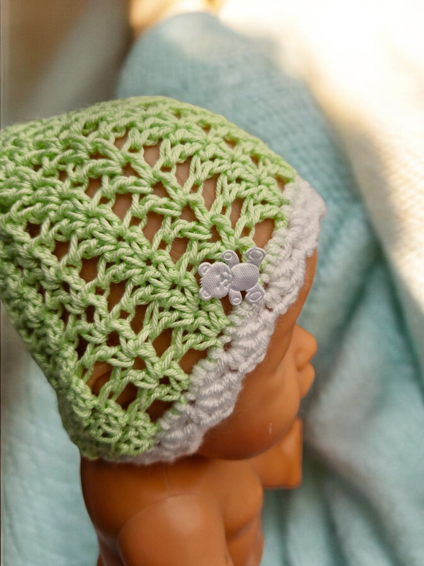 New Baby's Handmade Crochet Lace Hat - Mint Green Cotton