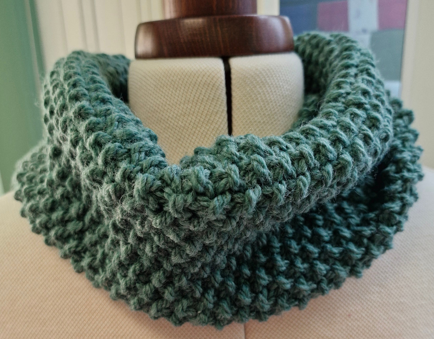 Adult's Handmade Knitted Green Moss Stitch Cowl