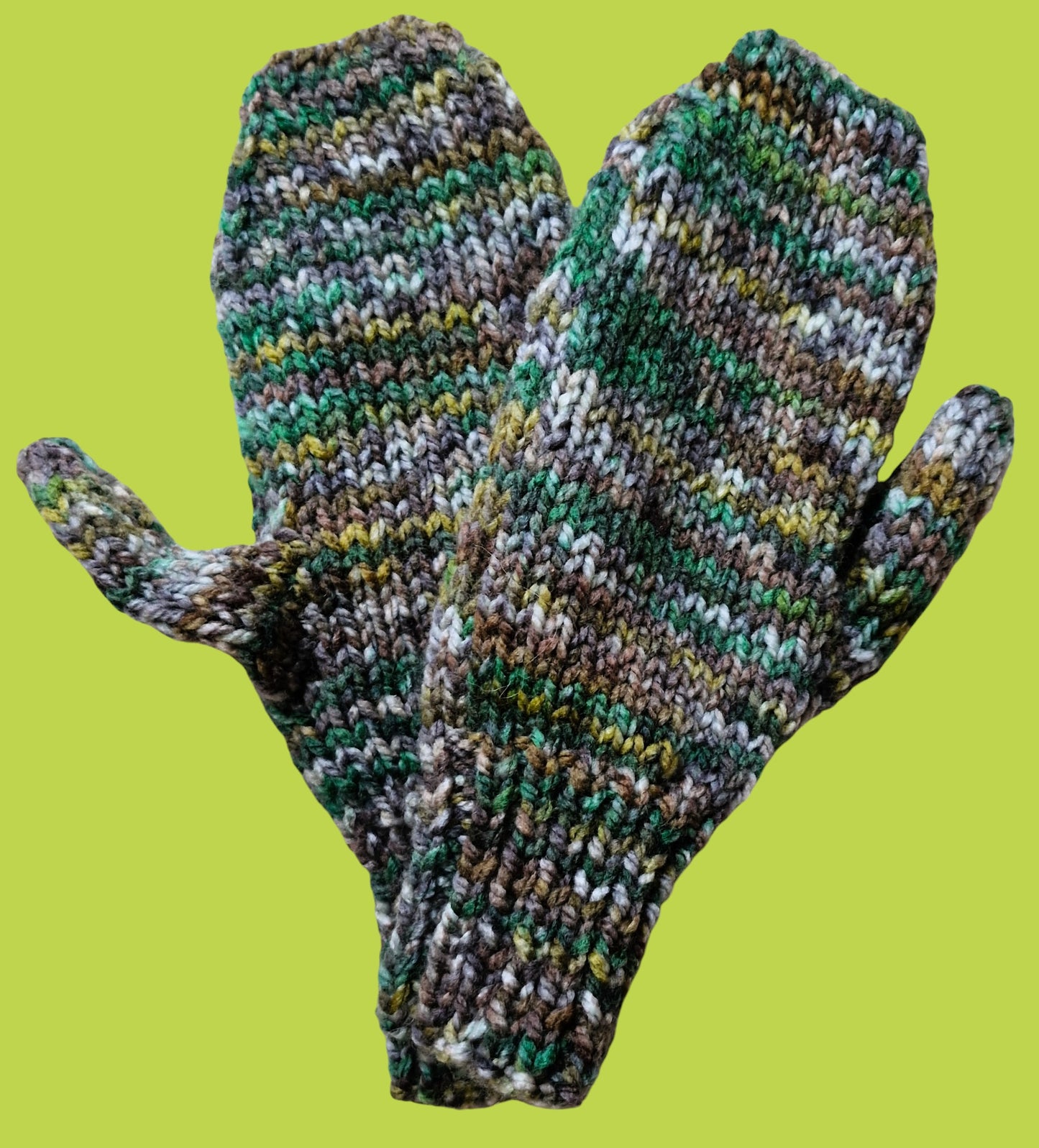 Adult's Mittens - Handmade Knitted Chunky Green, Khaki, Brown, Grey Tweed