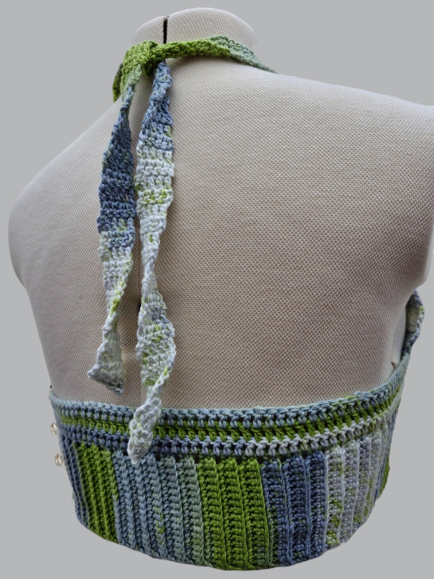 Women's Handmade Crochet Bralette Cropped Top in Lime, Grey and White