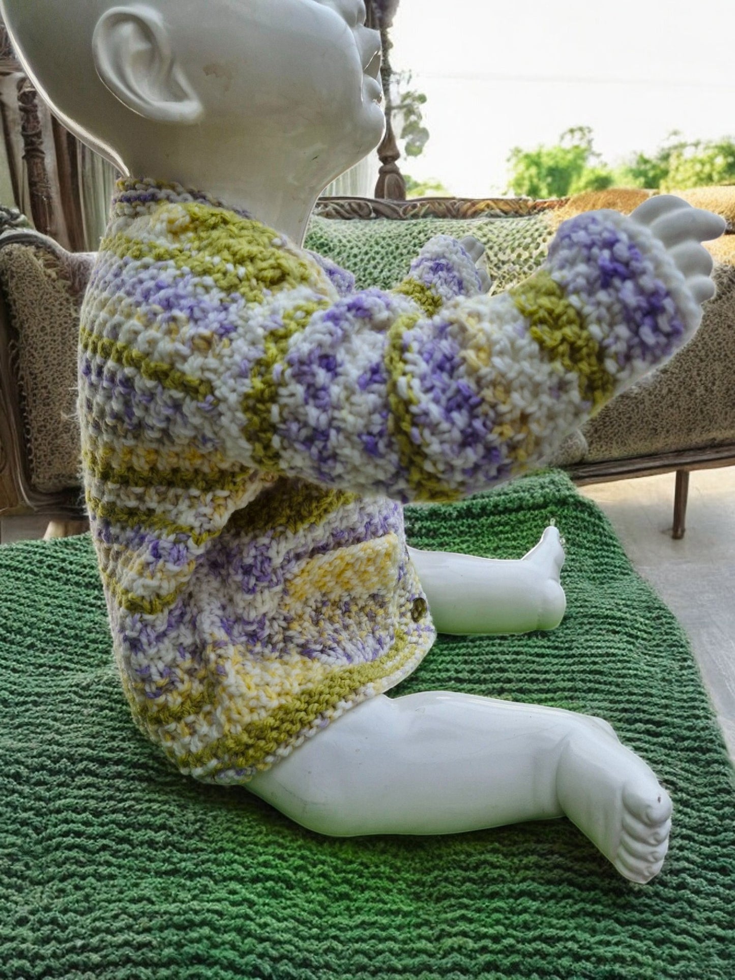 Baby's Hand Knitted Tweed Jacket - White, Moss Green, Lemon, Lavender