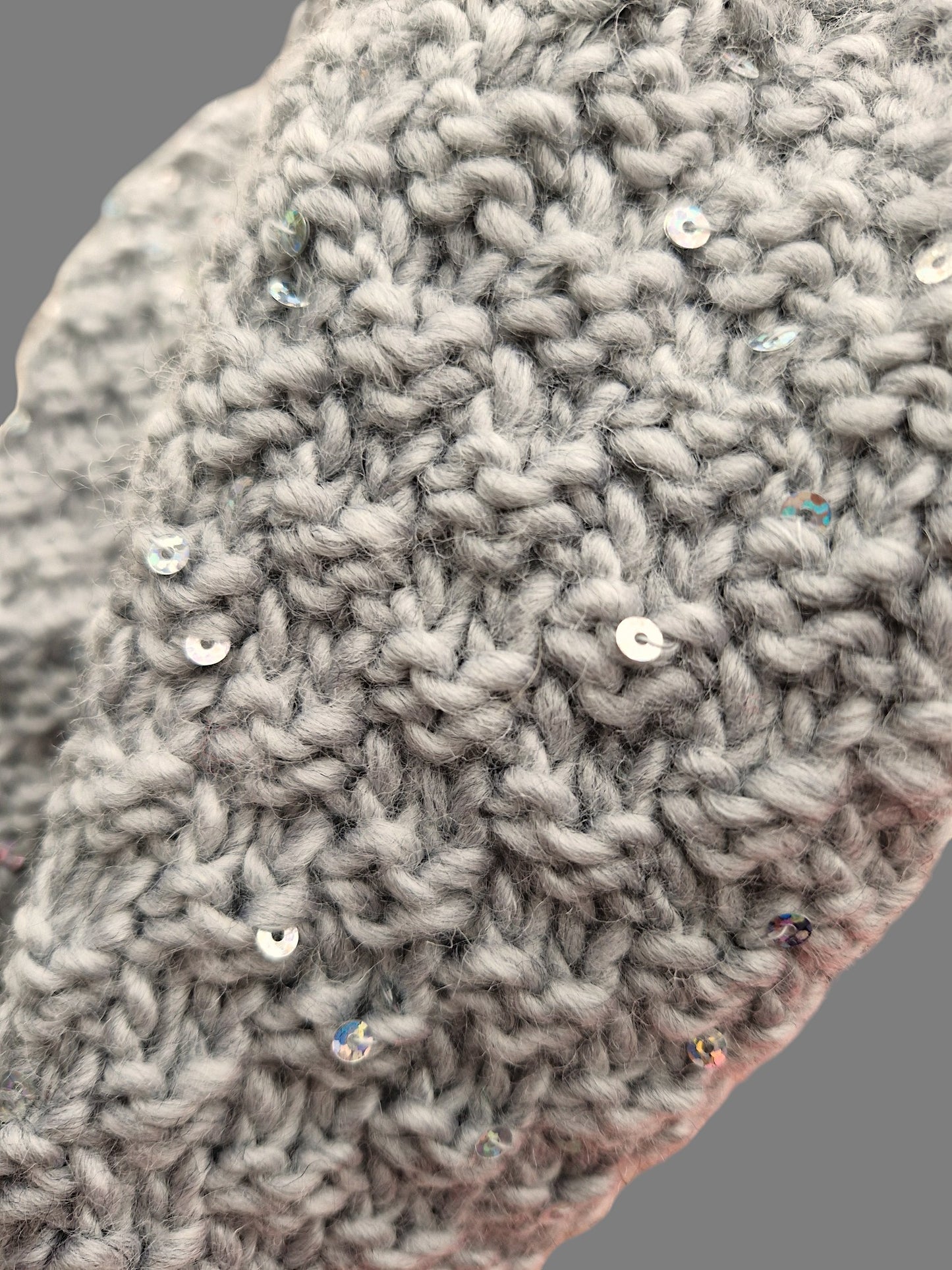 Adult's Handmade Knitted Moss Stitch Grey Sequin Cowl