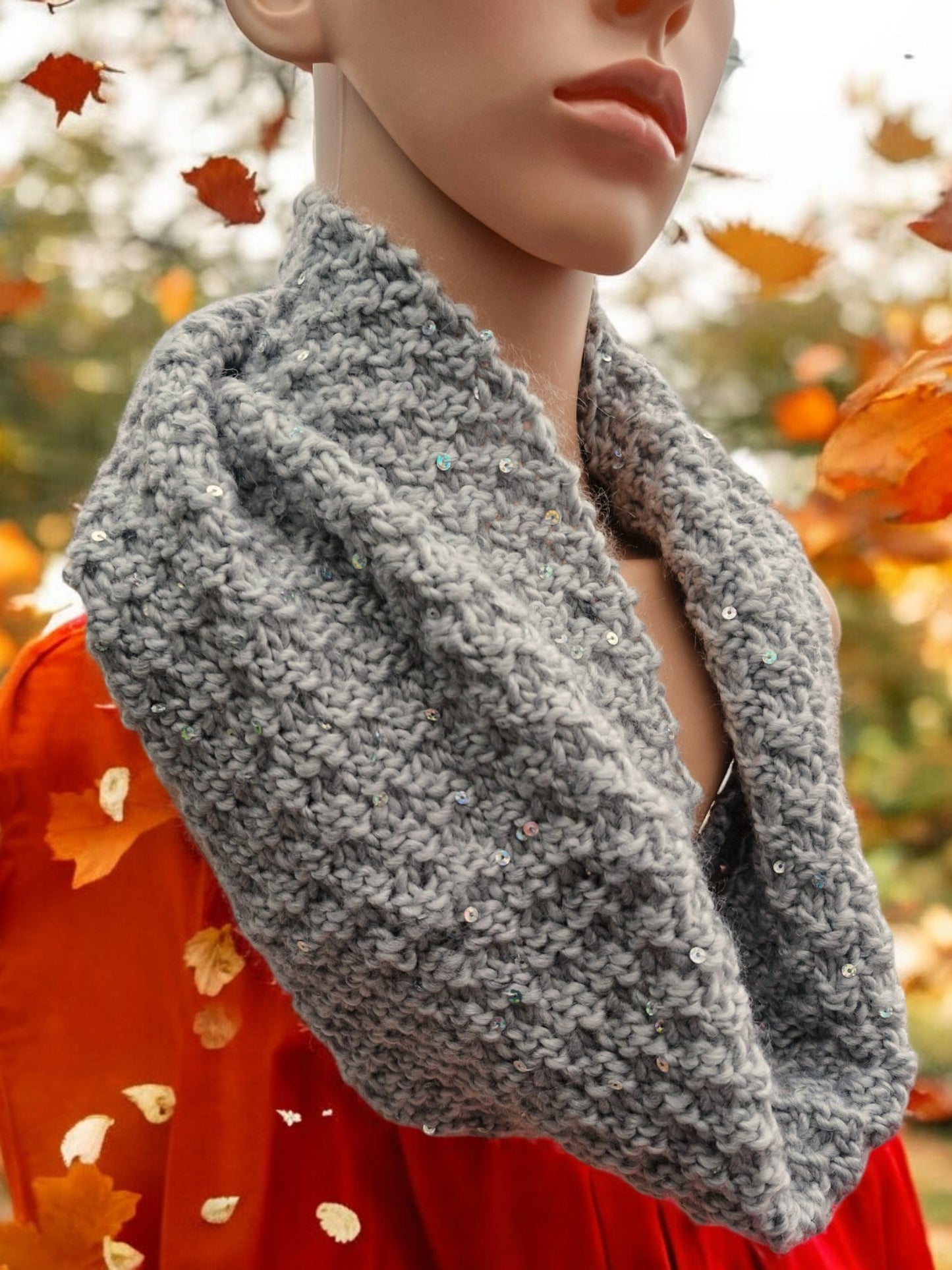 Adult's Handmade Knitted Moss Stitch Grey Sequin Cowl