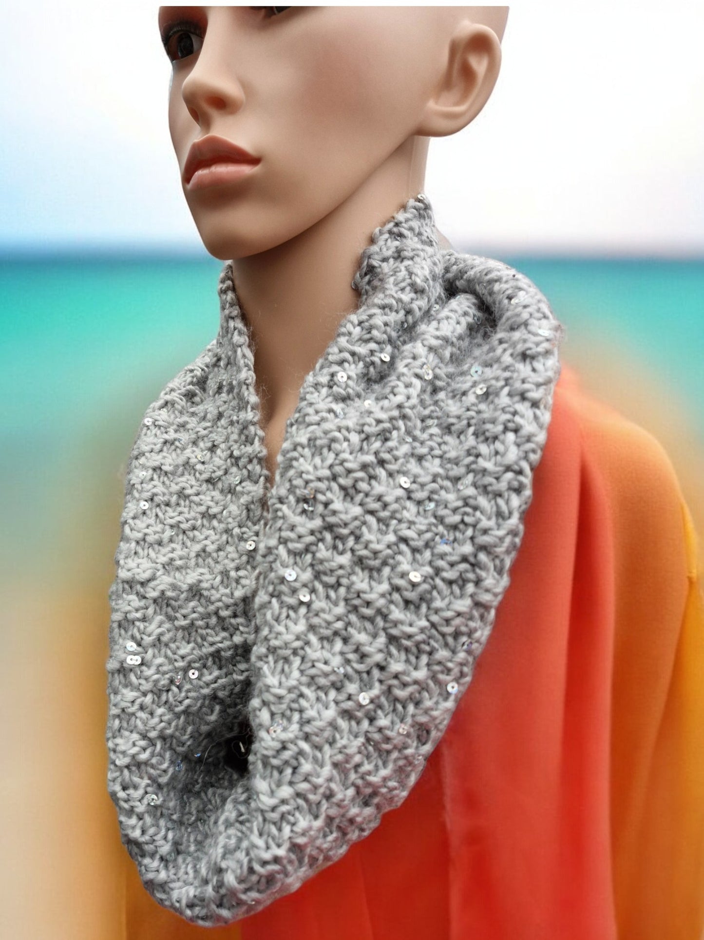 Adult's Handmade Knitted Moss Stitch Grey Sequin Cowl