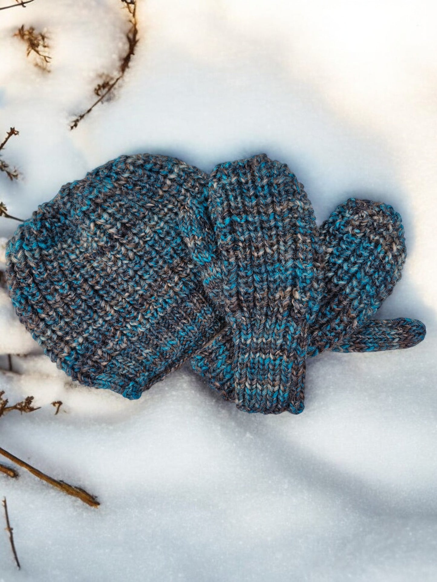 Adult's Hat and Mittens - Handmade Knitted Chunky Dark Grey Teal Tweed