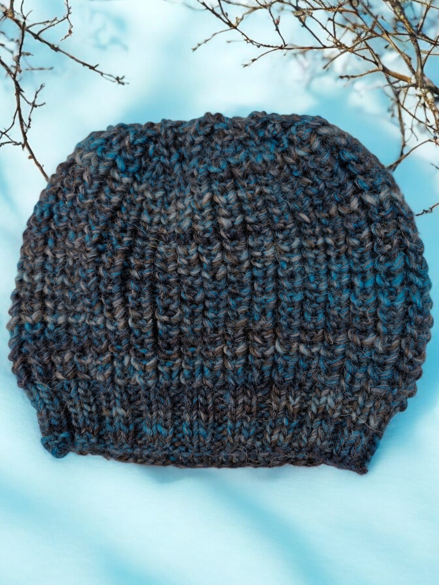 Adult's Hat and Mittens - Handmade Knitted Chunky Dark Grey Teal Tweed